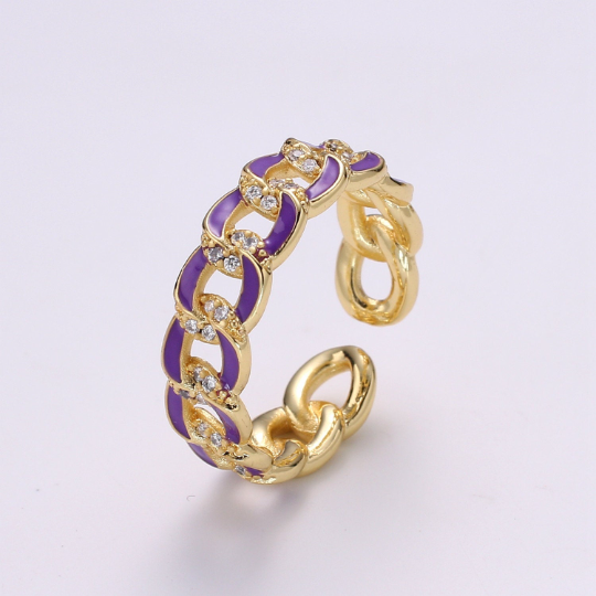 1X CZ Colorful Enamel Rings Gold Curb Chain Statement Ring, Chunky Chain Ring, Stackable Open Adjustable Ring Pink White black Green Yellow